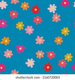 Vector Seamless Floral Pattern With Multicolor Flowers On Blue Background