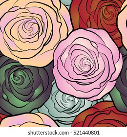 Vector seamless floral pattern with multicolored roses, watercolor effect.