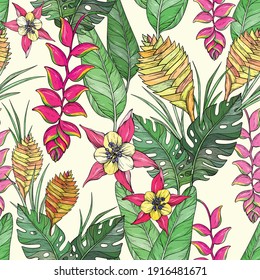 Vector Seamless floral pattern with nd drawn jungle leaves and exotic flowers. Heliconia flowers and tropical leaves