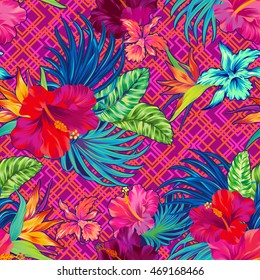 vector seamless floral pattern in neon colors. Exotic orchids. Geometric background