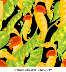 Vector seamless floral pattern with Nepenthes. Pattern with bright and beautiful carnivorous plants and green leaves on black background. 