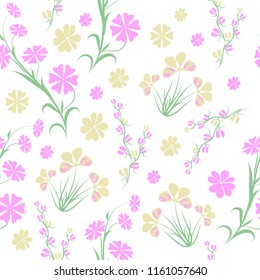 Vector seamless floral pattern on a light background small pink and yellow decorative fictitious flowers on green stems with leaves