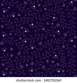 Vector seamless floral pattern on the dark blue, violet background. Flowers, branches, leaves, small elements texture, background, print, fabric or paper pattern