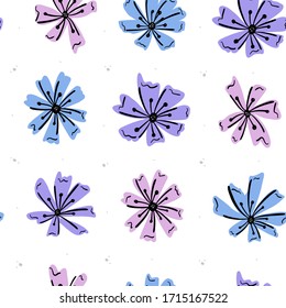 Vector seamless floral pattern on white background. Blue, purple, pink  flowers with black texture. File includes swatch of the pattern, that you can scale and rotate as you want.