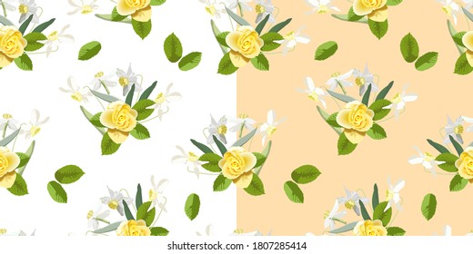 Vector de patrón floral sin fisuras sobre un fondo blanco y melocotón con una rosa amarilla y daffodils, para el diseño de tela, papel pintado, papel envolvente. Flores de primavera.