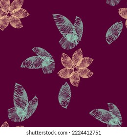 Vector seamless floral pattern on bright burgundy background flowers and leaves for home textile