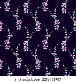 Vector seamless floral pattern on a dark blue background with small lilac-pink inflorescences, meadow flowers. Pattern for fabric design, wallpaper, wrapping paper