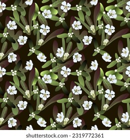 Vector seamless, floral pattern on a dark background white flowers with tropical leaves for fabric design, wallpaper, tablecloth