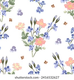 Vector seamless floral pattern on a white background, a bouquet of small blue-lilac and red-yellow flowers in pastel light colors, background for design of fabric, wallpaper, paper