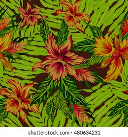 vector seamless floral pattern on striped leaves background. Exotic orchids. tropical pattern with beautiful orchids. 