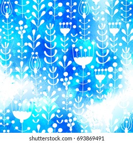 Vector seamless floral pattern on  vector watercolor texture. Abstract background with watercolour drops and strokes, flowers, leaves, berries