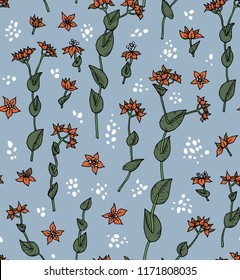 Vector seamless floral pattern with orange red flowers with green leaves on grey blue background. Cute backdrop with small flowers.