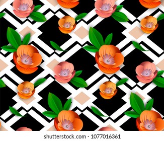 Vector seamless floral pattern oranges flowers on a black and white geometric background
