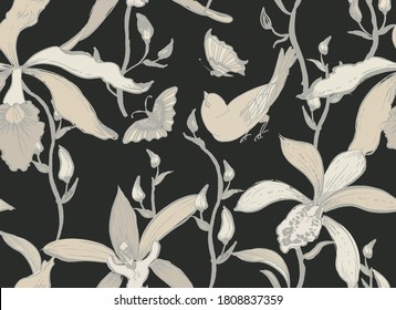 Vector seamless floral pattern with orchid flowers and butterflies and birds on black background. Hand drawing.