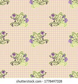 Vector seamless floral pattern. Outline hand drawn small violet pink flowers collected in a bouquet on a pink checkered background. For the design of textiles, tablecloths, wallpapers.