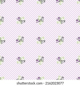 Vector seamless floral pattern. Outline hand drawn small violet pink flowers collected in a bouquet on a pink checkered background. For the design of textiles, tablecloths, wallpapers.