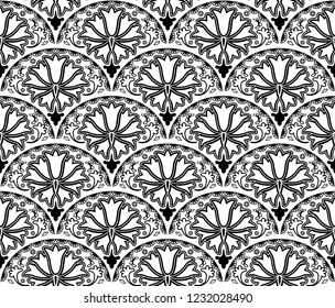 Vector seamless floral pattern of overlapping arcs.