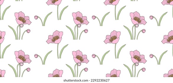 Vector seamless floral pattern with pale pink lush flowers, buds and green leaves. Pattern for textiles, wrapping paper, covers and backgrounds