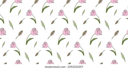 Vector seamless floral pattern with pale pink tulips, buds and green leaves. Pattern for textiles, wrapping paper, covers and backgrounds