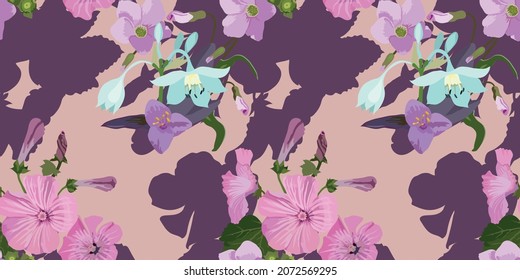 Vector seamless floral pattern in pastel colors, pink petunia and white eucharis flowers on a peach light background for fabric design, wallpaper, wrapping paper