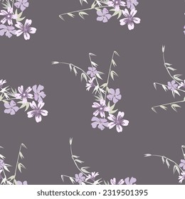 Vector sin soldadura, de estampado floral en tonos pastel sobre un fondo gris ramos de flores rosadas con espigas para el diseño de tejidos, papel pintado, mantel