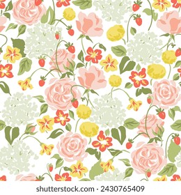 Vector Seamless Floral pattern in Pastel Colors with Roses, Hydrangeas and Strawberries