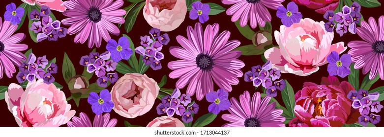 Vector seamless floral pattern with peony and gerbera flowers