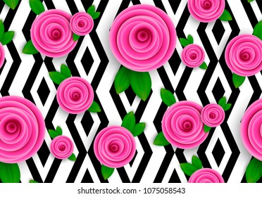 Vector seamless floral pattern pink roses on a black and white geometric background