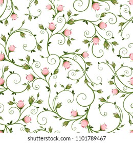 Vector seamless floral pattern with pink rosebuds on a white background.