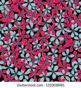 Vector of seamless floral pattern with pink and blue petals of Hortensia, Hydrangea on black background. Design for textile, fabric, wallpaper, wrapping, scrapbook, and packaging.