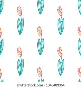 Vector seamless floral pattern. Pink tulips on a white. Boundless background for your spring design.