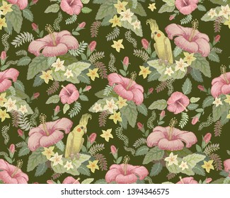 Vector seamless floral pattern from pink hibiscus, Australian yellow parrot, exotic frangipani flowers and fantasy tropical foliage on a dark green background. Wallpaper print, batik ornament