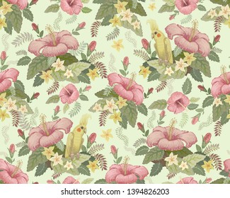 Vector seamless floral pattern from pink hibiscus, Australian yellow parrot, exotic frangipani flowers and fantasy tropical foliage on a light green background. Wallpaper ornament, batik