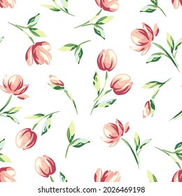Vector seamless floral pattern with pink flowers on a white background.