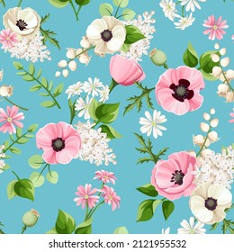 Vector seamless floral pattern with pink and white poppy, lilac, and lily-of-the-valley flowers and green leaves on a blue background