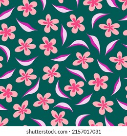 Vector seamless floral pattern. Pink flowers and leaves on an emerald dark green background. Luxury template for website design, product design, packaging, textiles, etc.

