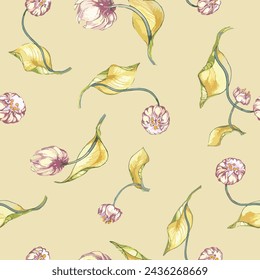 Vector, seamless, floral pattern of pink tulip on bright yellow background. Hand drawn flower with leaves. Perfect for summer projects.