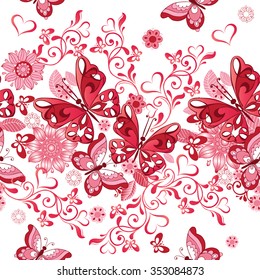 Vector Seamless floral pattern of pink hearts and butterflies. Decorative ornament backdrop for fabric, textile, wrapping paper.