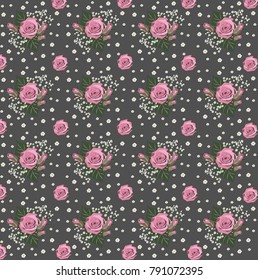Vector seamless floral pattern. Pink roses are repeated on a grey background. Textile gentle decor
