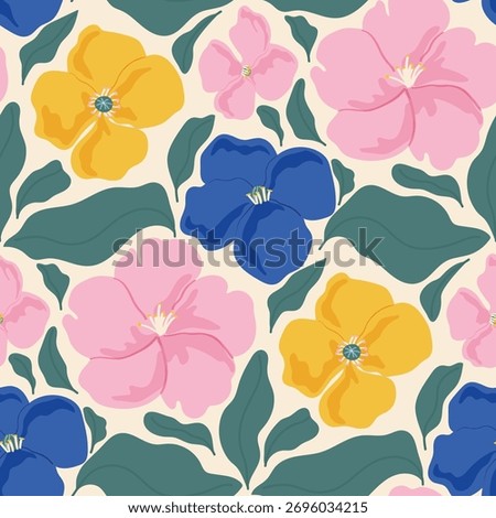 Vector seamless floral pattern with pink, yellow, and blue morning glory flowers, hand drawn botanical design for fabric, wrapping, and wall art