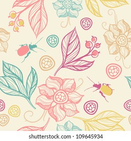 vector seamless floral pattern with plants and beetles