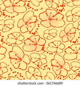Vector seamless floral pattern with plum red flowers and dots on yellow background.