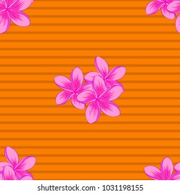 Vector seamless floral pattern with plumeria flowers and leaves in pink, magenta and orange colors.