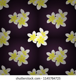 Vector seamless floral pattern with plumeria flowers and leaves in brown, white and purple colors.