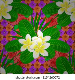 Vector seamless floral pattern with plumeria flowers and leaves in violet, green and orange colors.