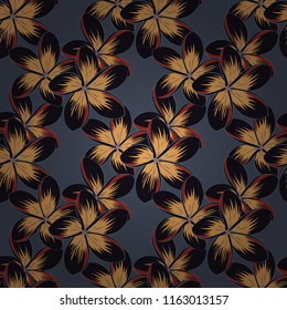 Vector seamless floral pattern with plumeria flowers, leaves, decorative elements, splash, blots and drop in blue, yellow and gray colors. Doodle sketch style, hand-drawn illustration.