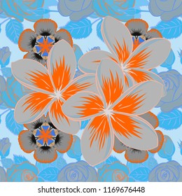 Vector seamless floral pattern with plumeria flowers, leaves, decorative elements, splash, blots and drop in orange, gray and blue colors. Doodle sketch style, hand-drawn illustration.