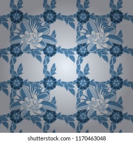 Vector seamless floral pattern with plumeria flowers and leaves in gray, blue and white colors.