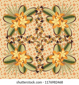 Vector seamless floral pattern with plumeria flowers, leaves, decorative elements, splash, blots and drop in beige, yellow and orange colors. Doodle sketch style, hand-drawn illustration.