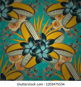 Vector seamless floral pattern with plumeria flowers and leaves in blue, yellow and green colors.